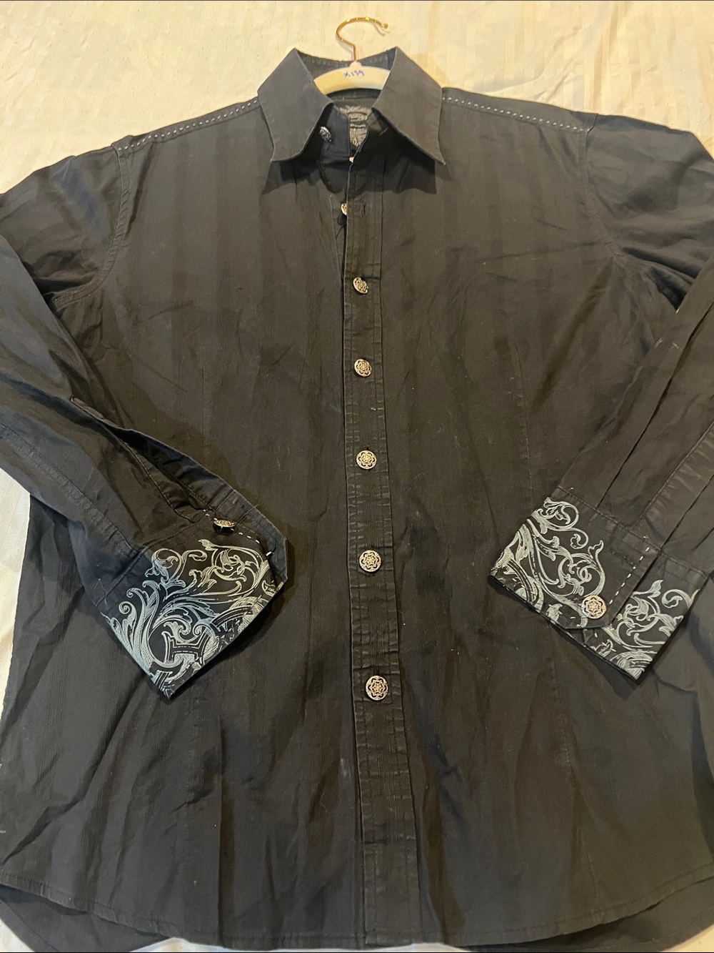 7 Diamonds Classic Black Button-Up Shirt with Decorative Silver Cuff Print